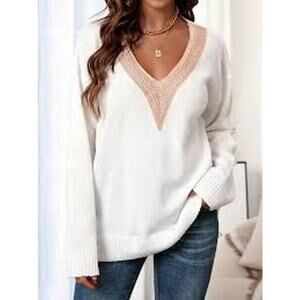 Womens Oversized V-Neck Ivory Sweater Pullover Crochet Knit Neckline Boho Cozy